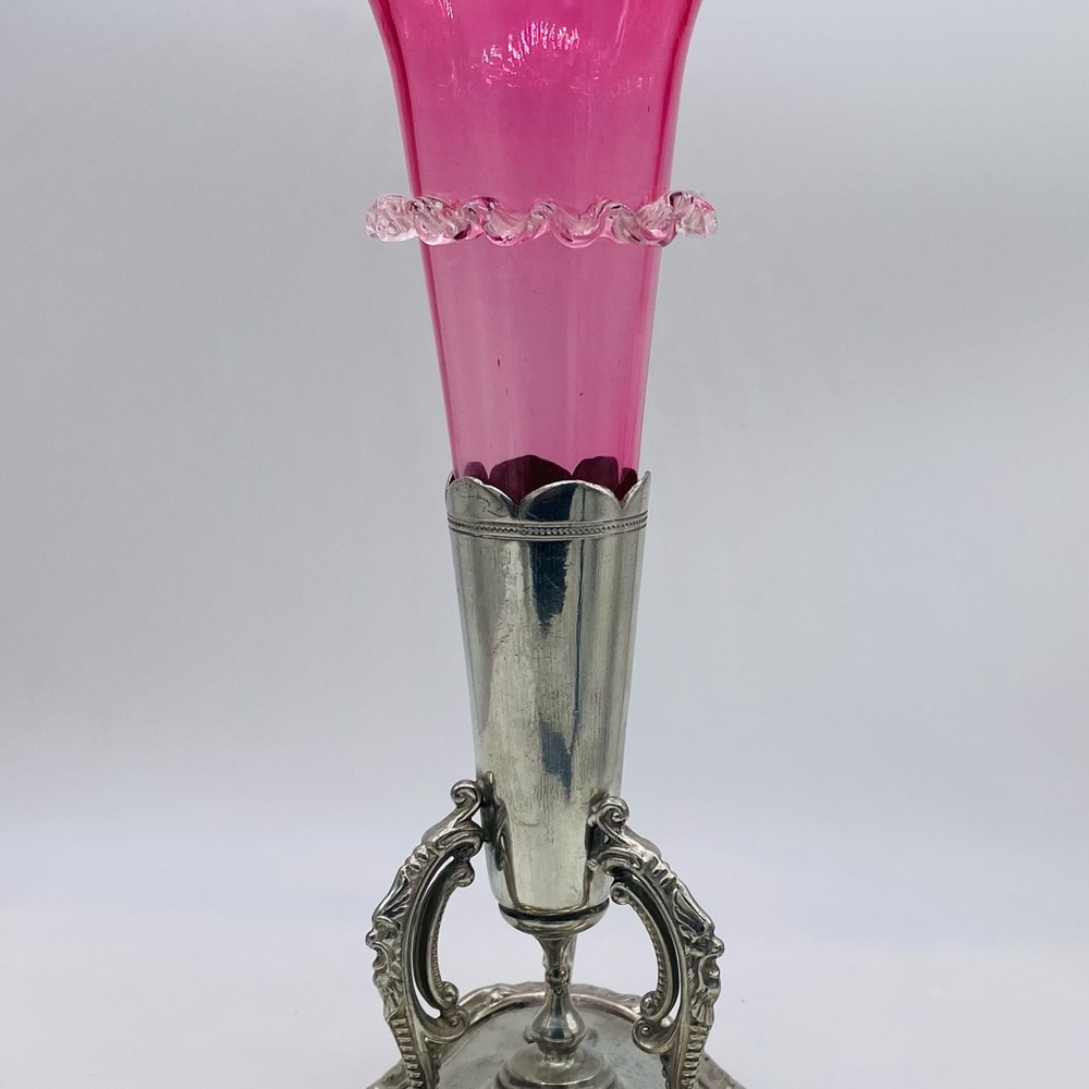c.1880 Victorian Era Cranberry Glass Epergne with Rigaree in a Pewter Stand